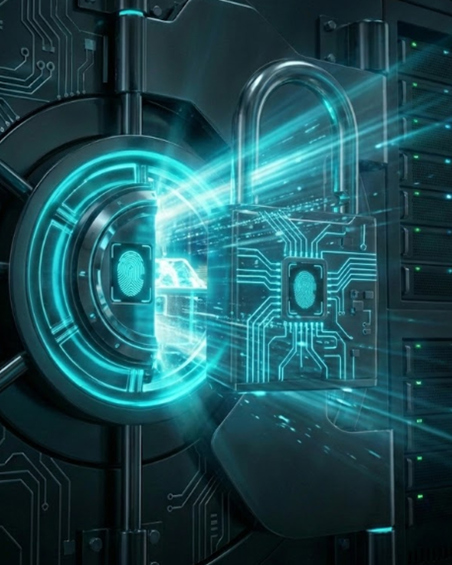 Cadeado tecnológico abrindo com luz neon