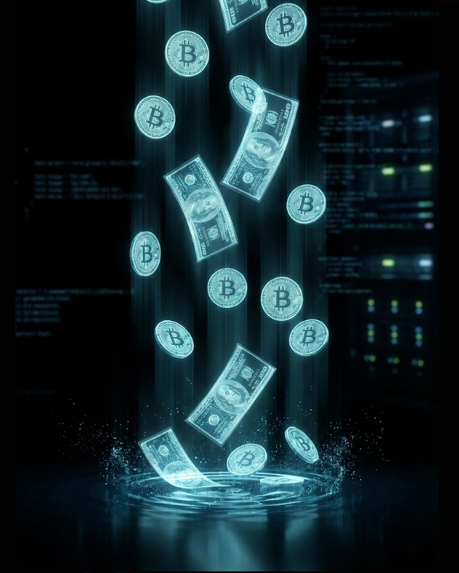 Chuva de moedas digitais e dólares