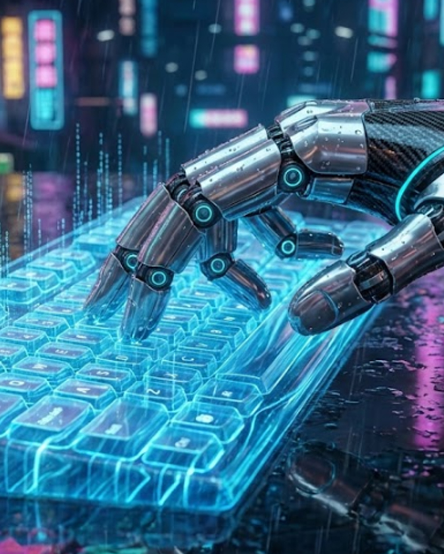 Mão Robótica operando interface holográfica