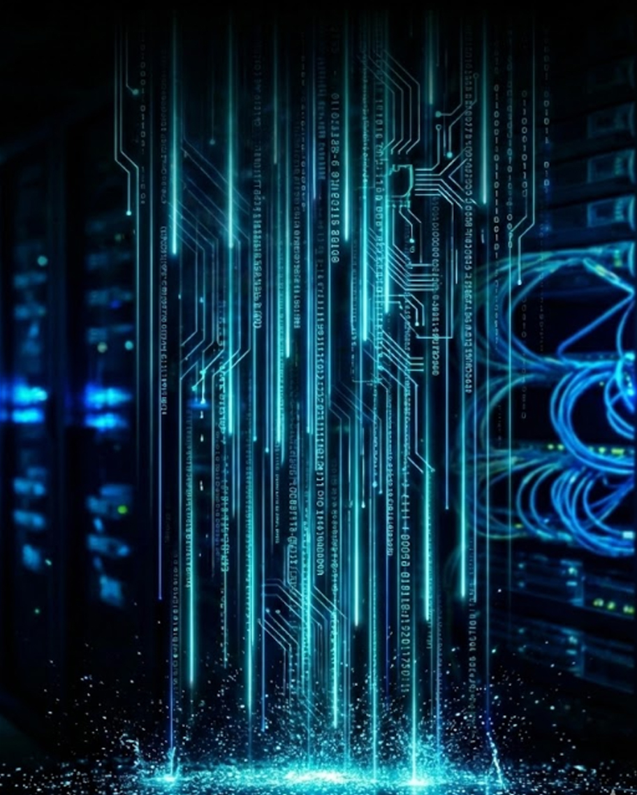 Fluxo de dados e código em neon azul